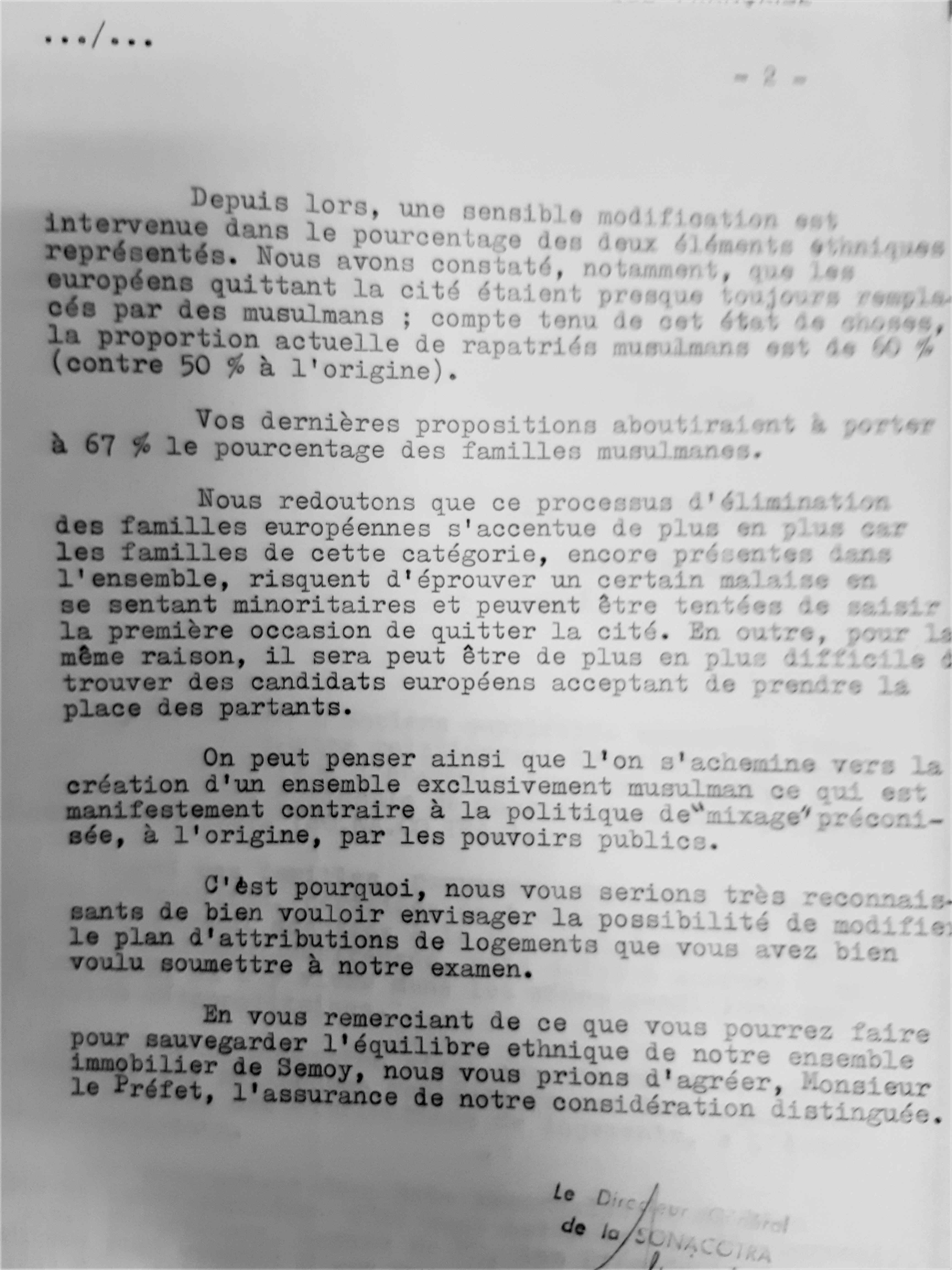 Extrait d'un courrier de la SONACOTRA relatif à la mixité religieuse au sein de la cité de l'Erveline @SONACOTRA / CHAOUAOU