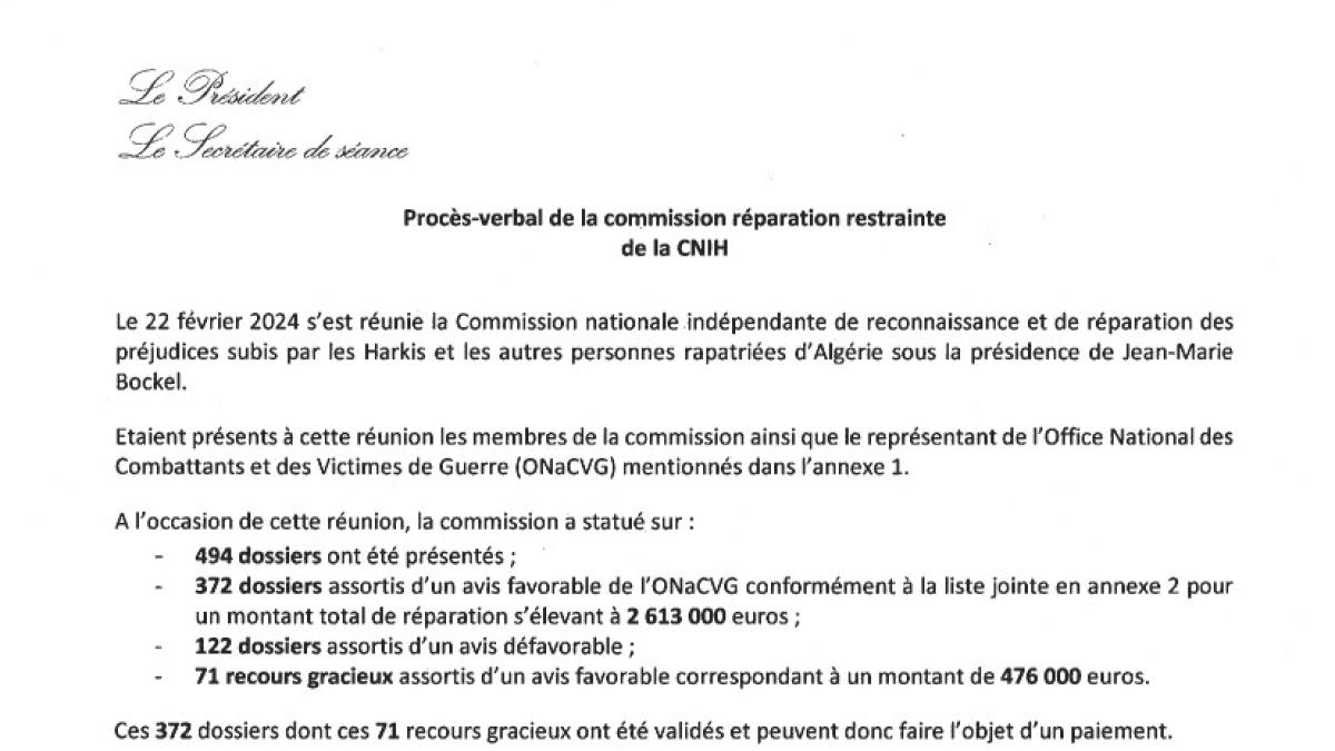 Procès-verbal de la commission réparation restreinte du 22 fév 2024